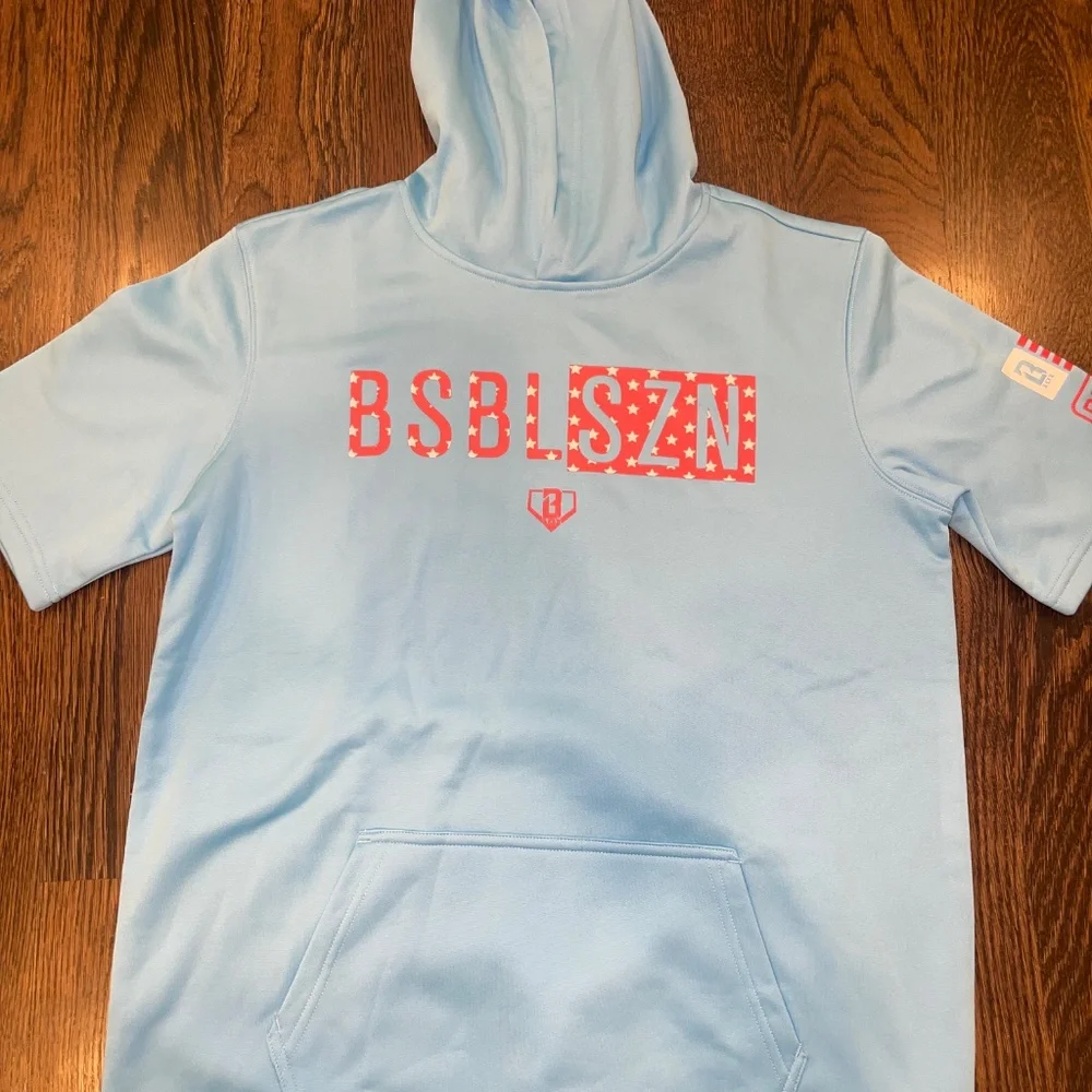 BSBL-SZN YXL Youth Short Sleeve Light Blue Hoodie with Red Graphic V2 - Picture 4 of 5